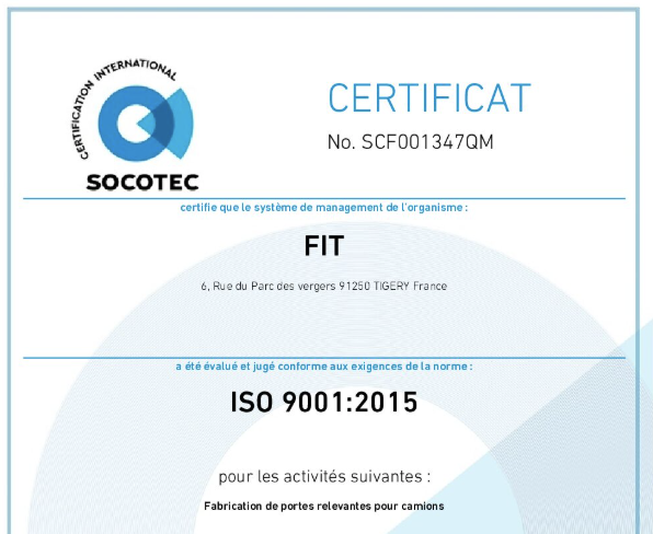 FIT DOORS certifié ISO 9001